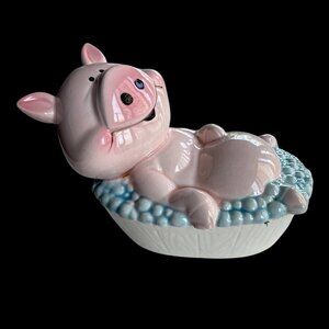 Vintage Ceramic Pig in Bubble Bath Tub Trinket Box *read*